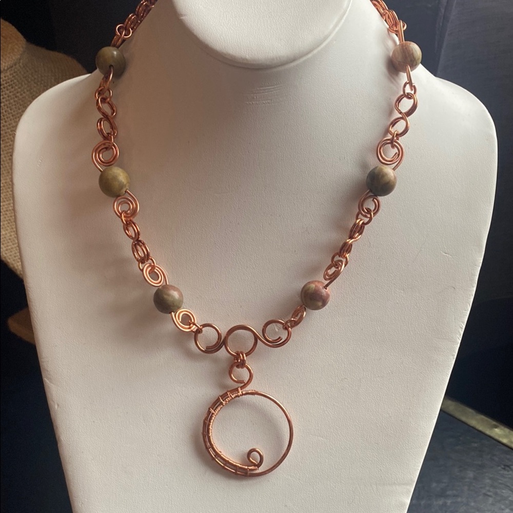18” handmade Copper Necklace with Jasper Beads